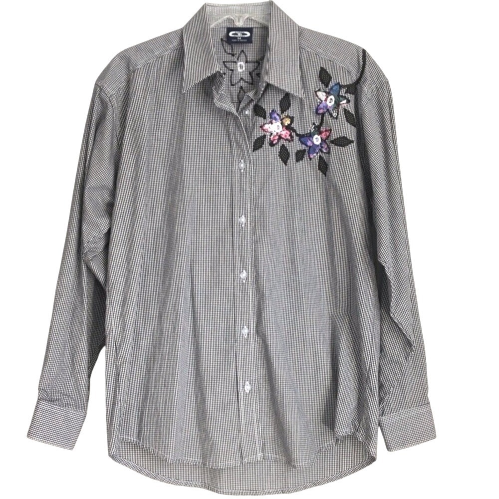 Three Rivers Floral Applique Gingham Button Up Shirt Medium Black White